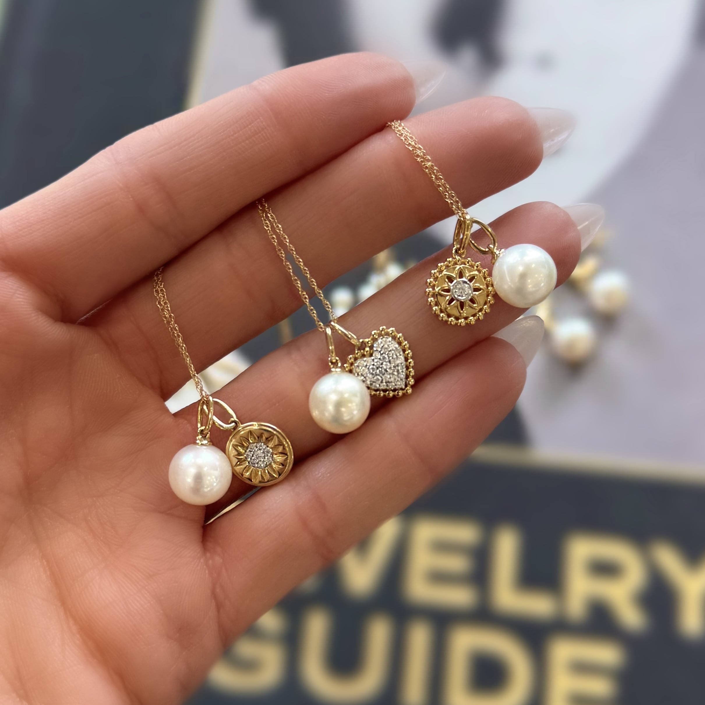 Diamond Flower and Pearl Charm Necklace