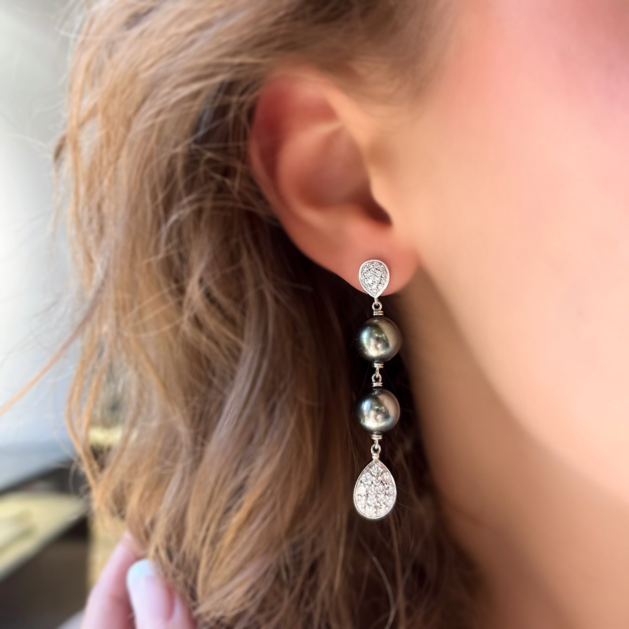 Tahitian Pearl and Pave Diamond Drop Earrings