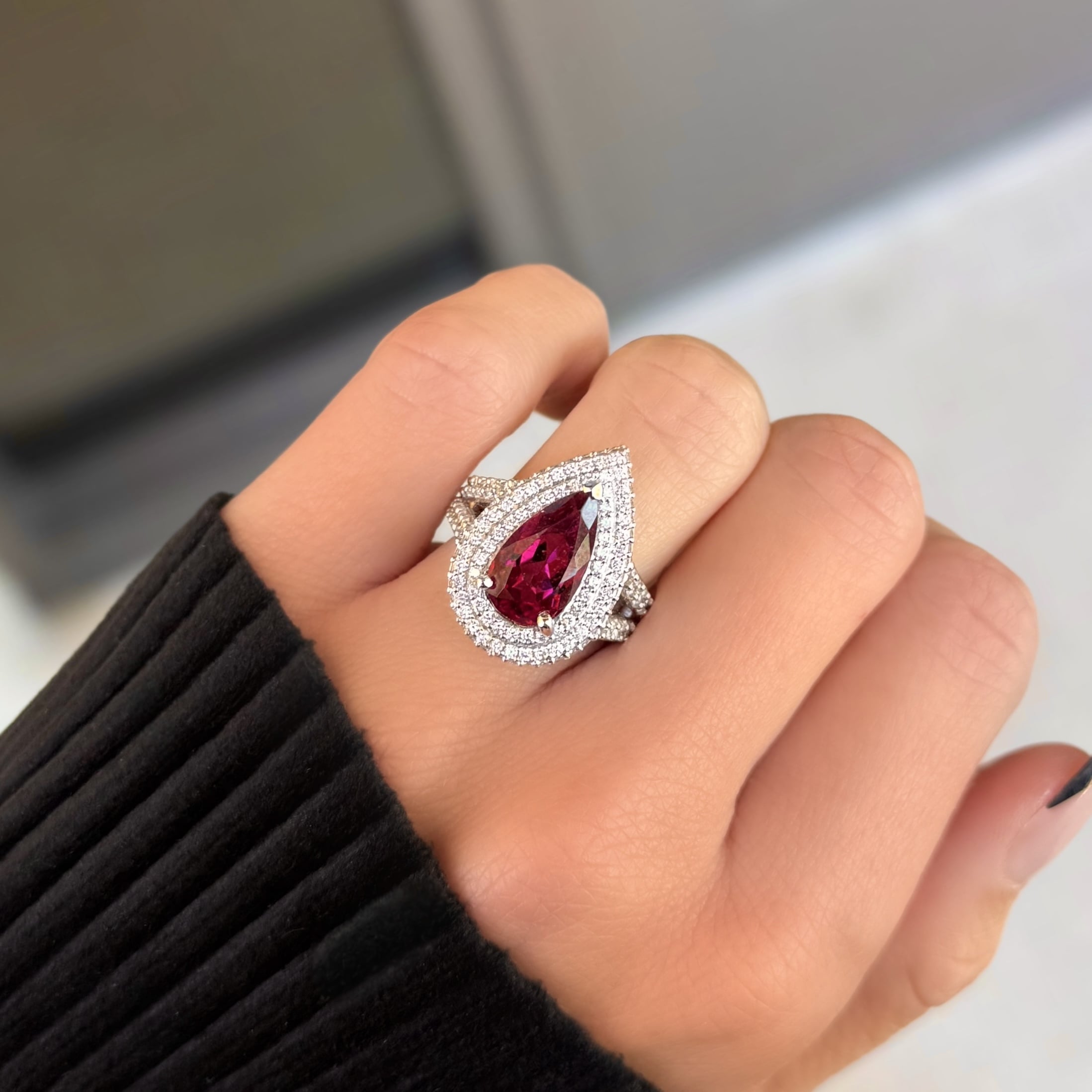 Pear Shape Rubelite and Diamond Ring