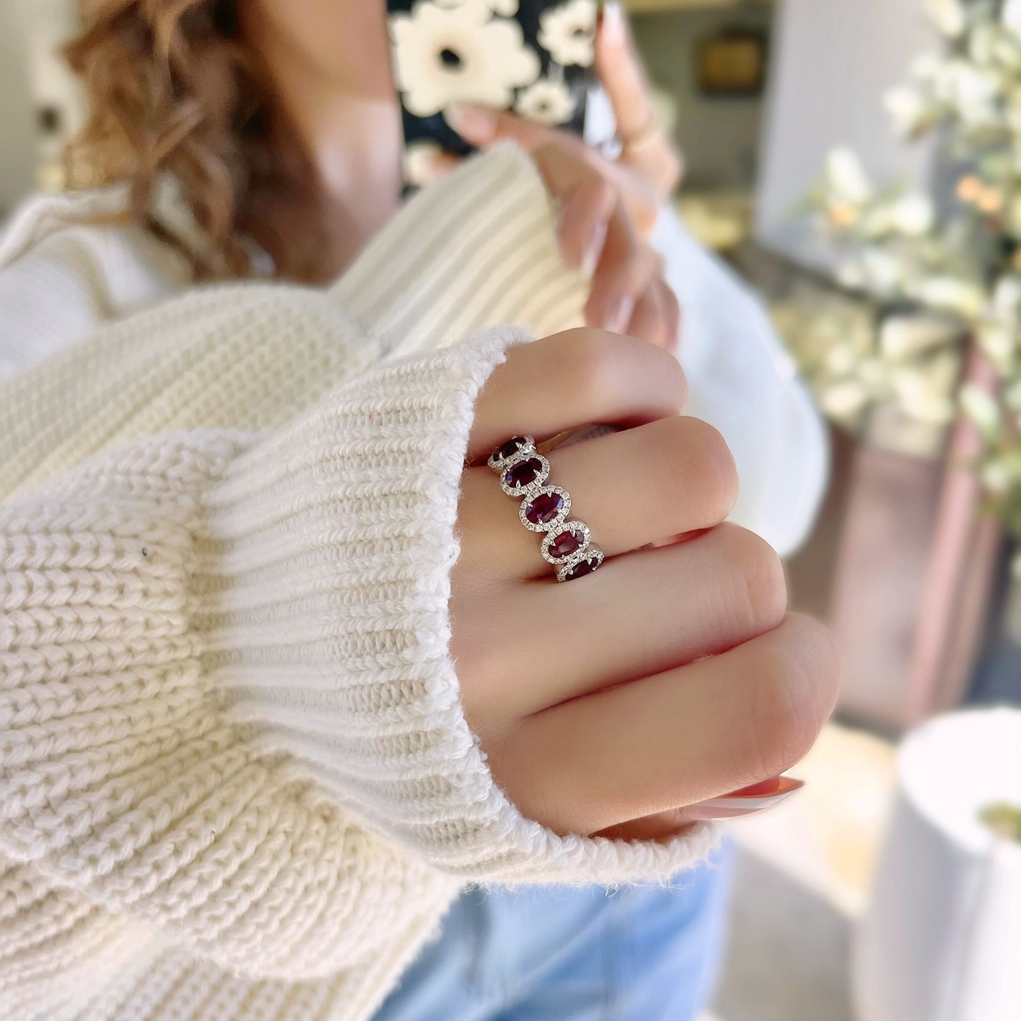 5 Stone Oval Ruby and Diamond Ring