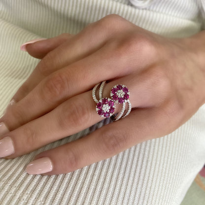Ruby and Diamond Flower Bypass Ring