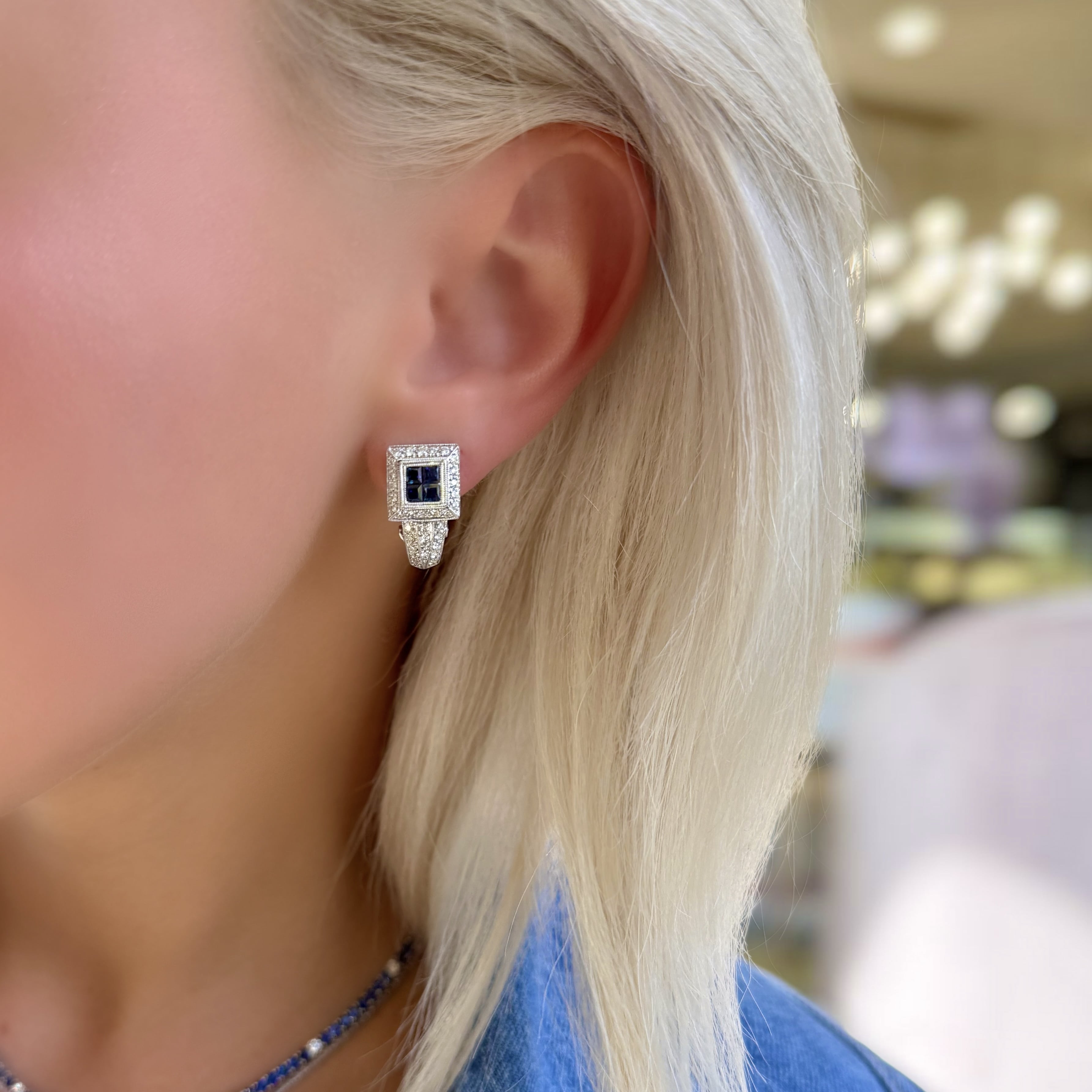 Princess Cut Sapphire and Diamond Earrings