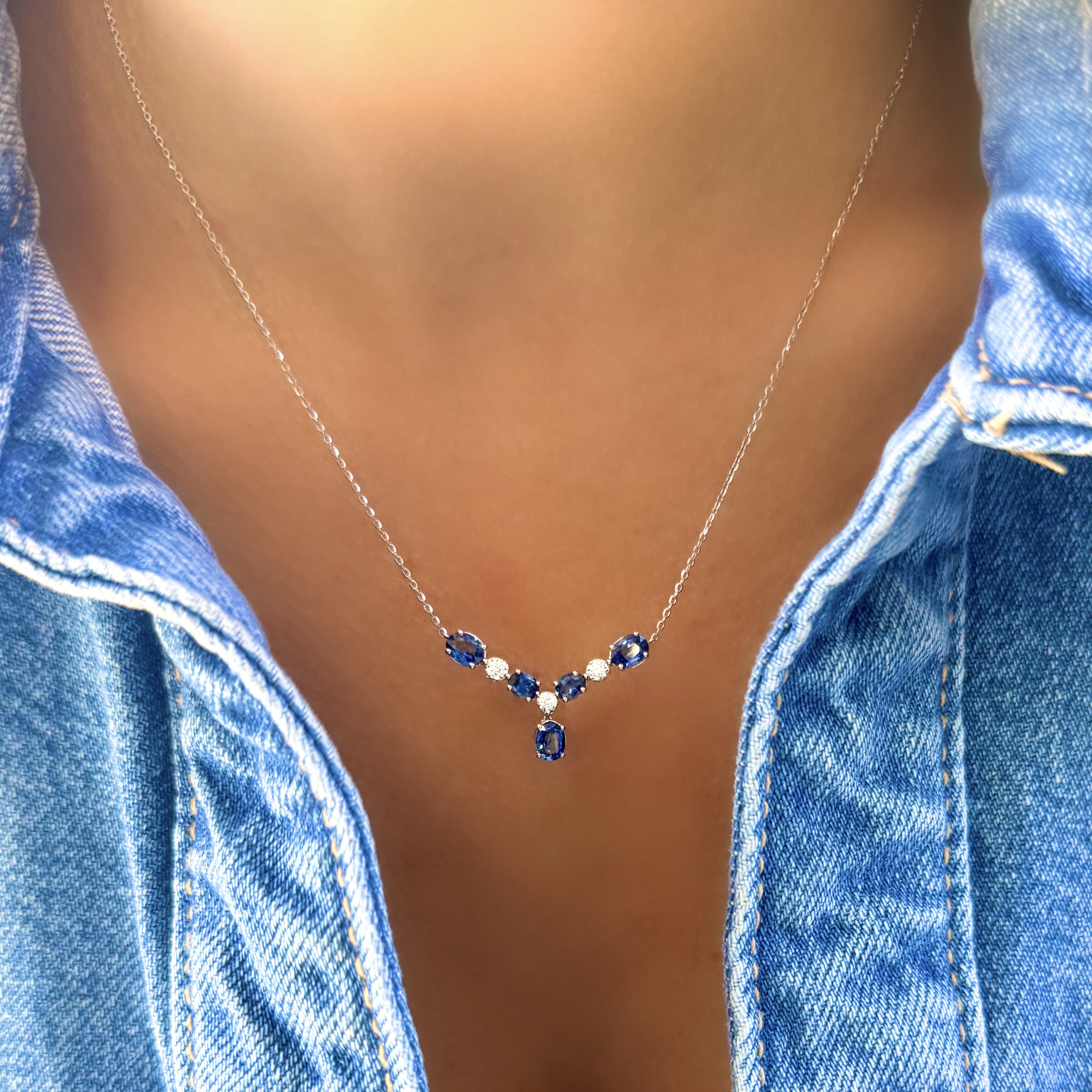Sapphire and Diamond V-Shape Necklace