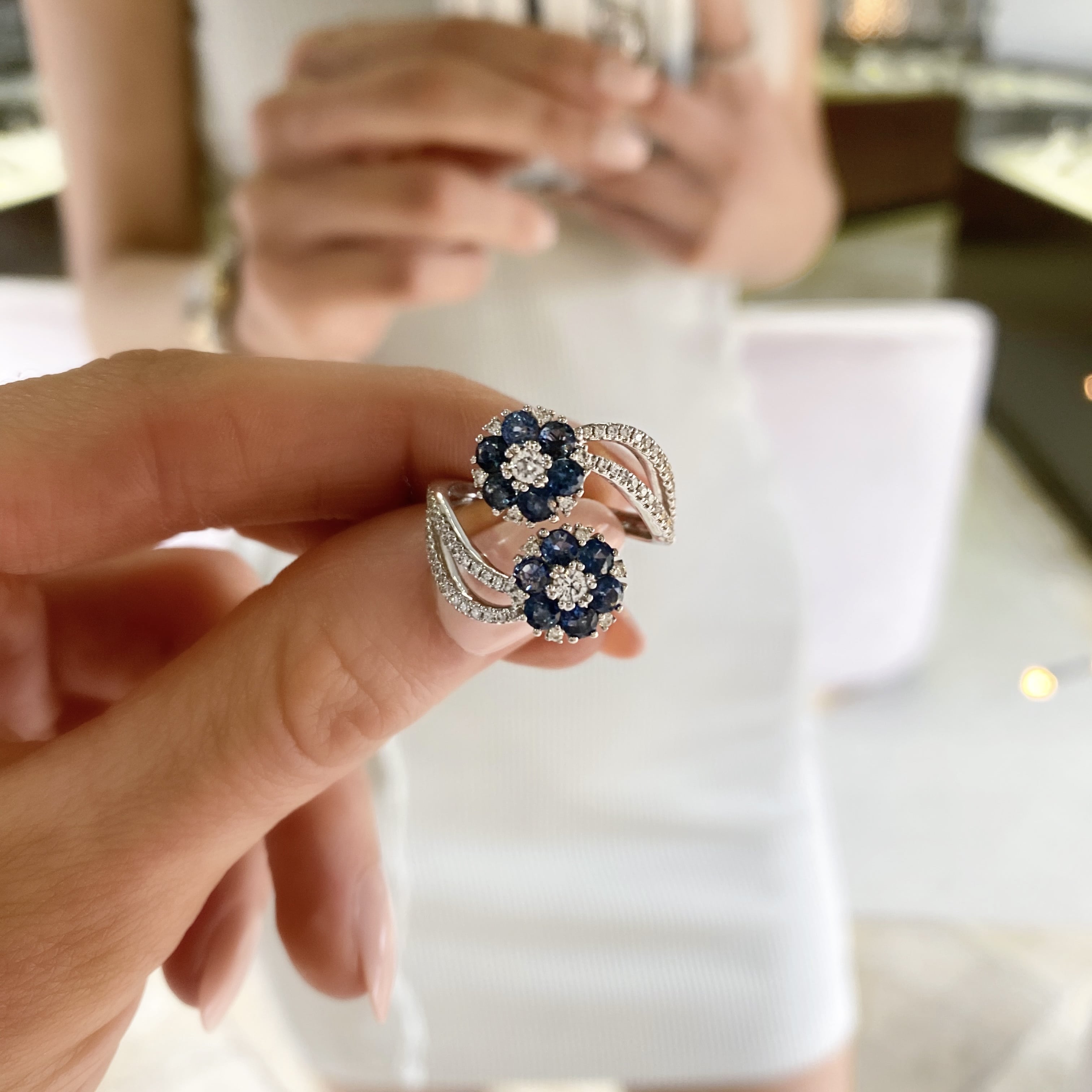 Sapphire and Diamond Flower Ring