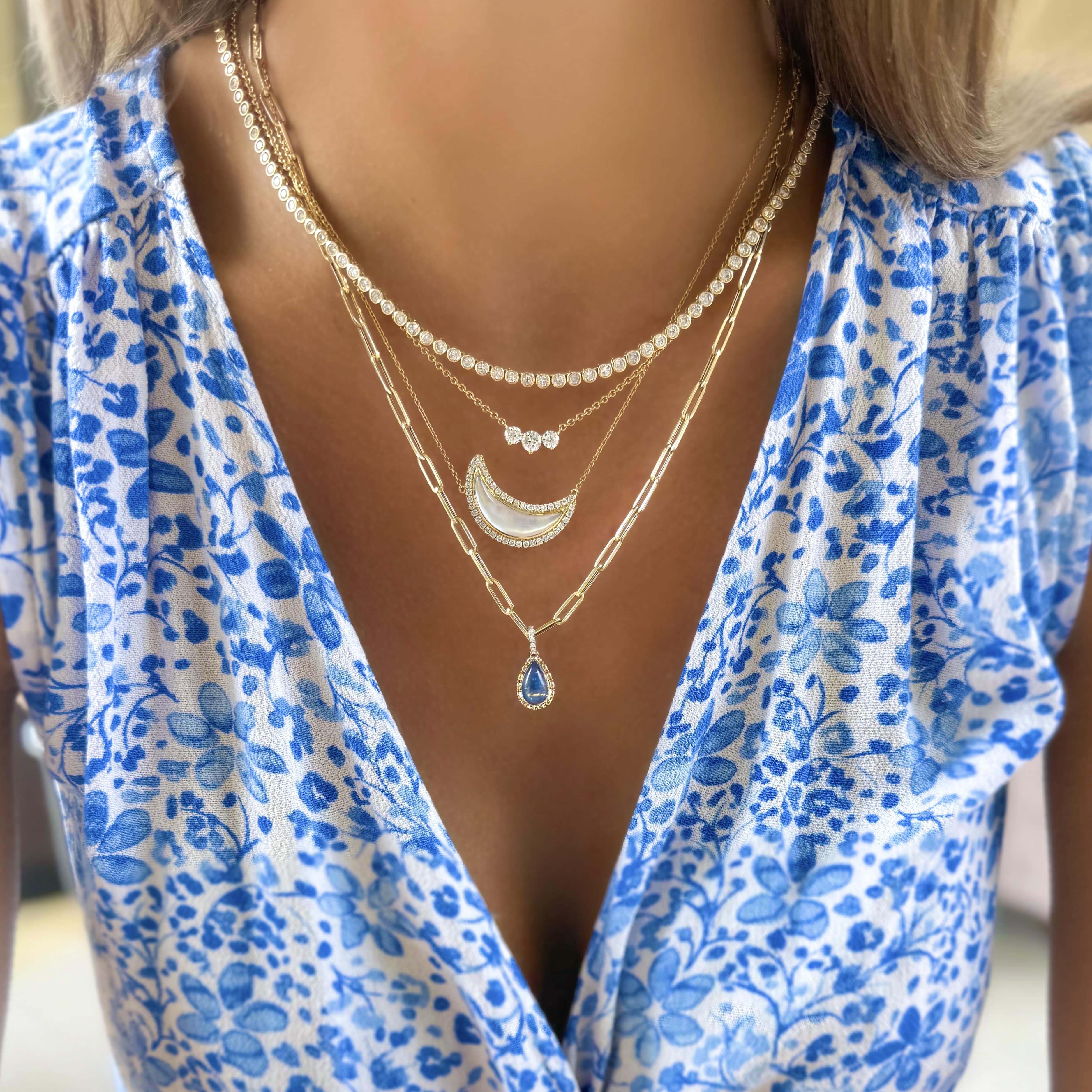 Mother of Pearl and Diamond Crescent Moon Necklace