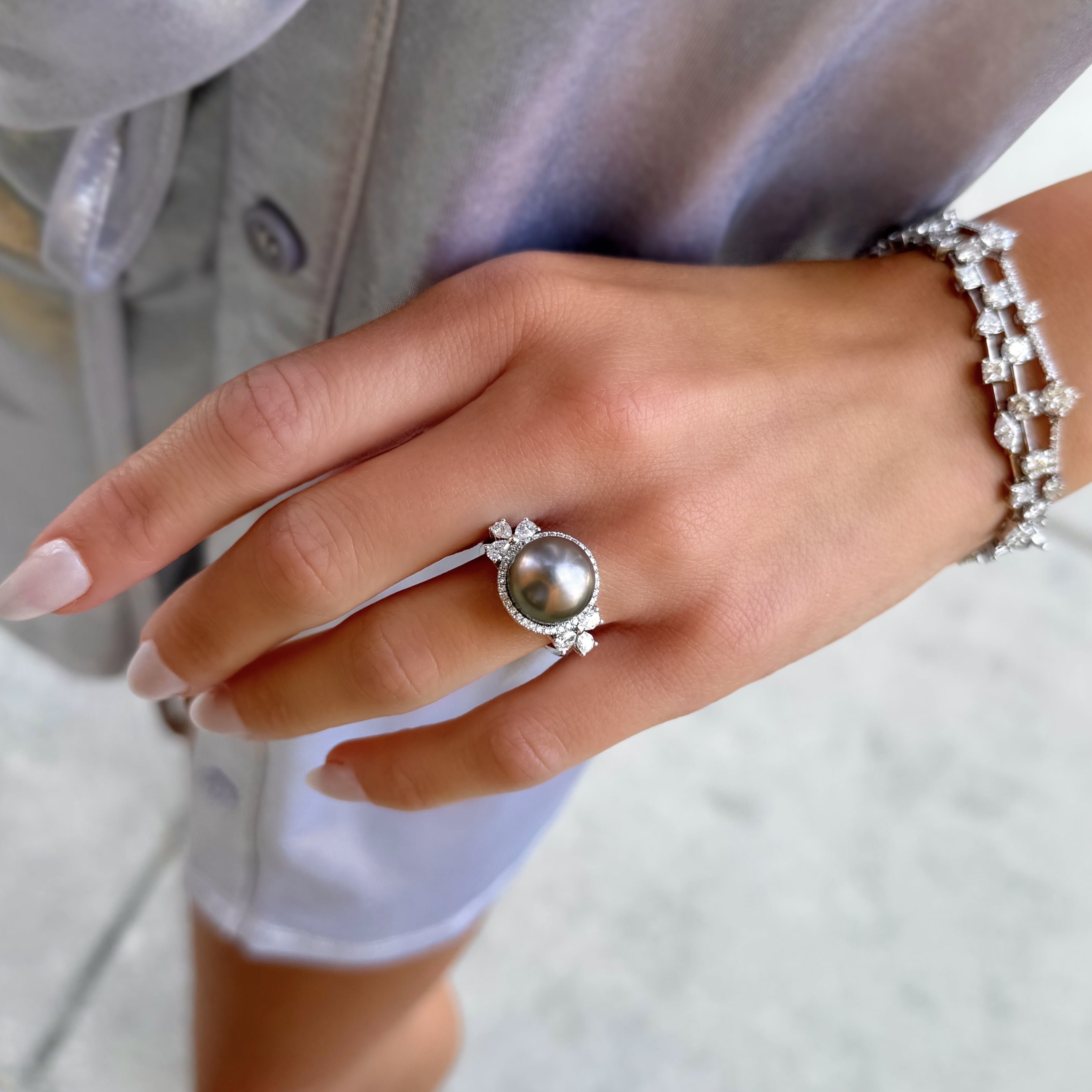 Tahitian Pearl and Diamond Cocktail Ring