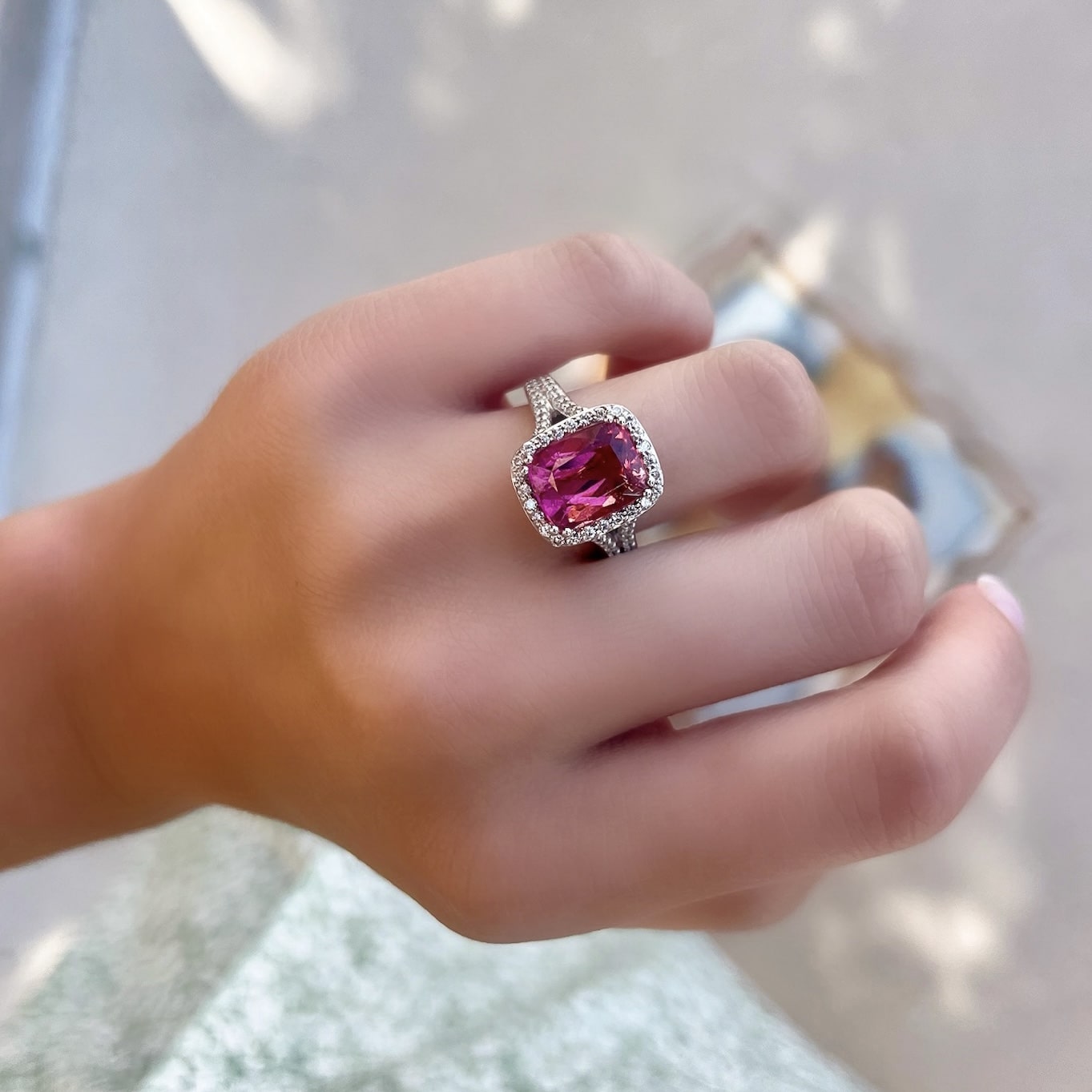 Cushion Cut Pink Tourmaline and Diamond Ring