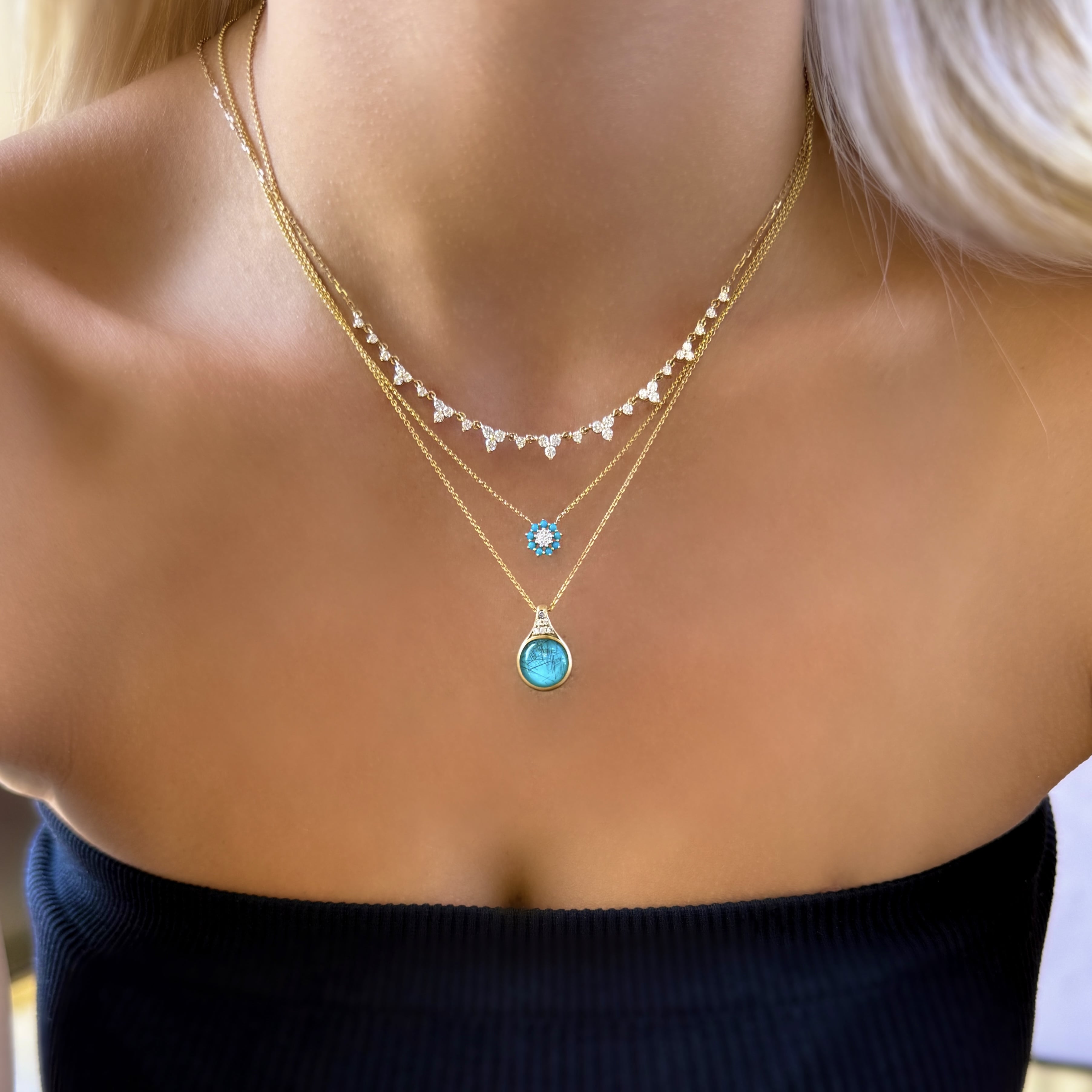 Bezel Set Turquoise and Diamond Necklace