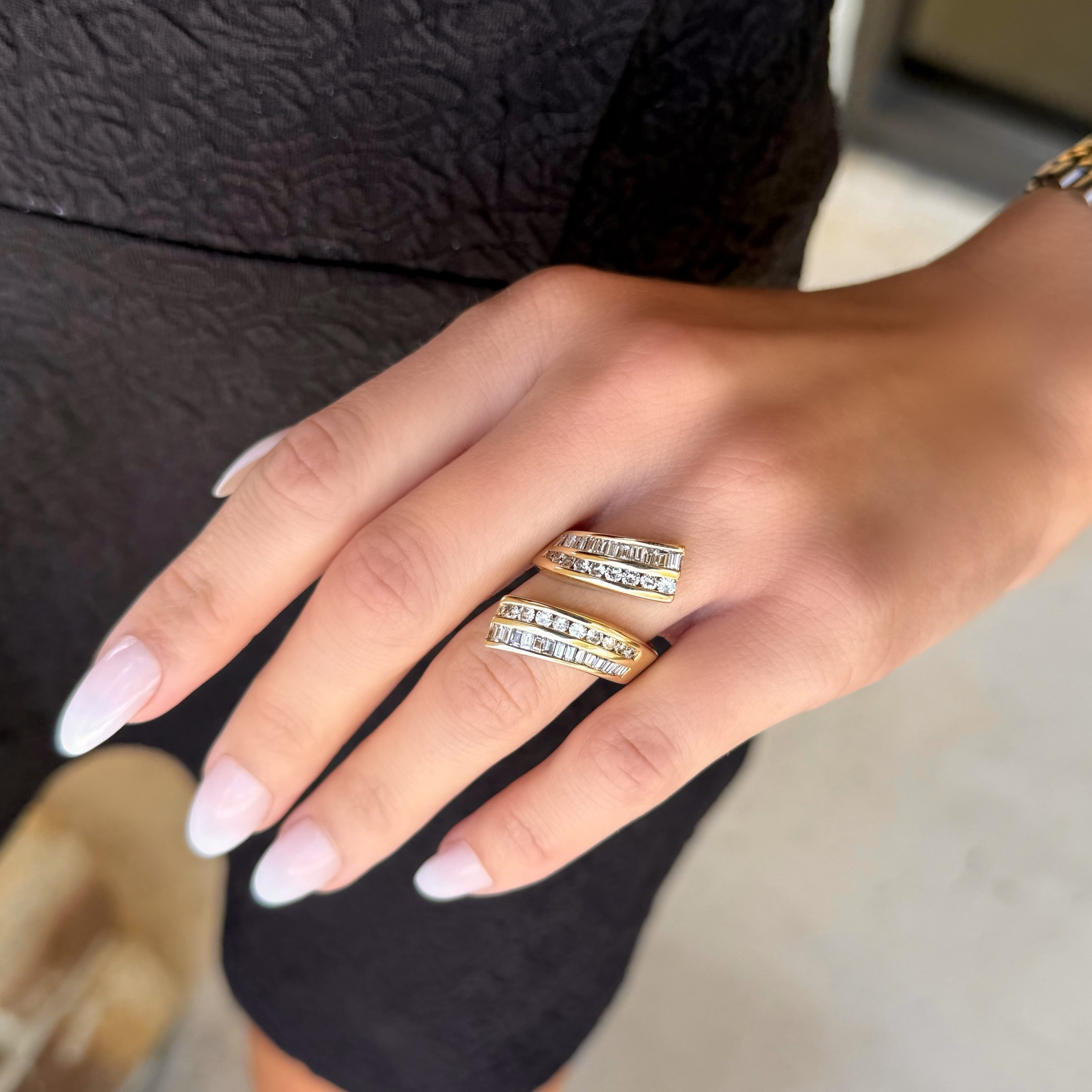Vintage Baguette and Round Diamond Bypass Ring