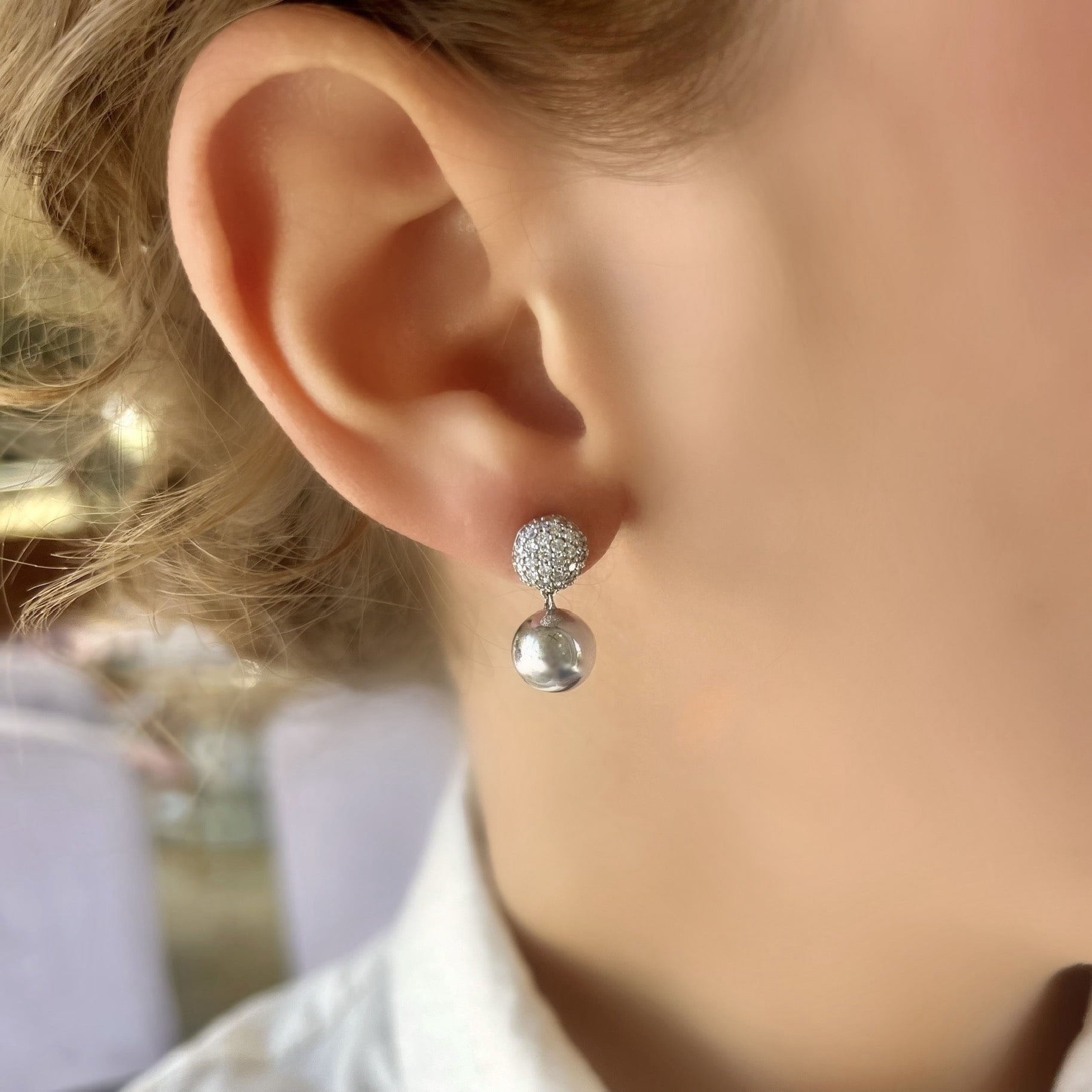 Pave Diamond and Bead Earrings