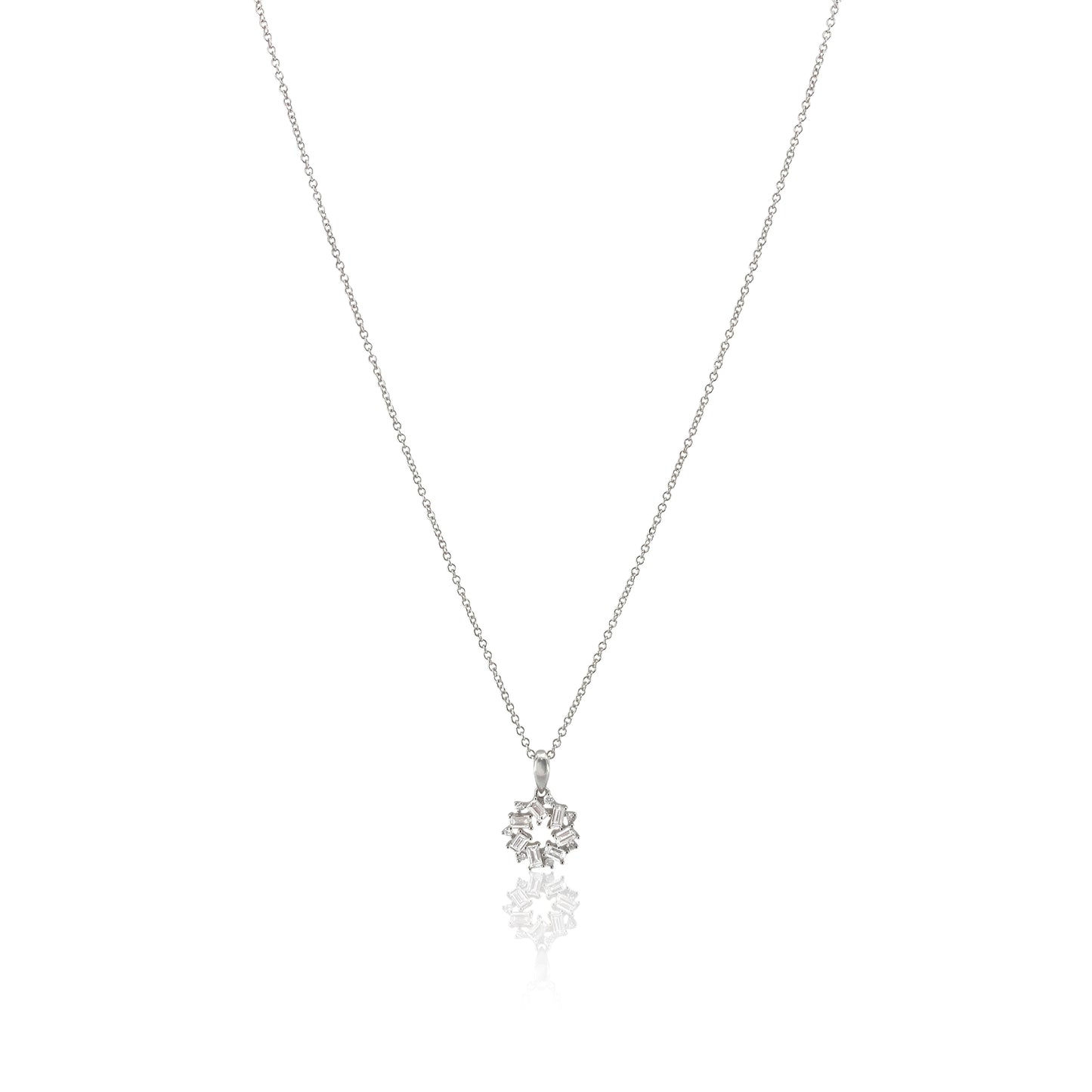 San Antonio Jewelry baguette diamond pendant with round diamond accents in 18k white gold. 