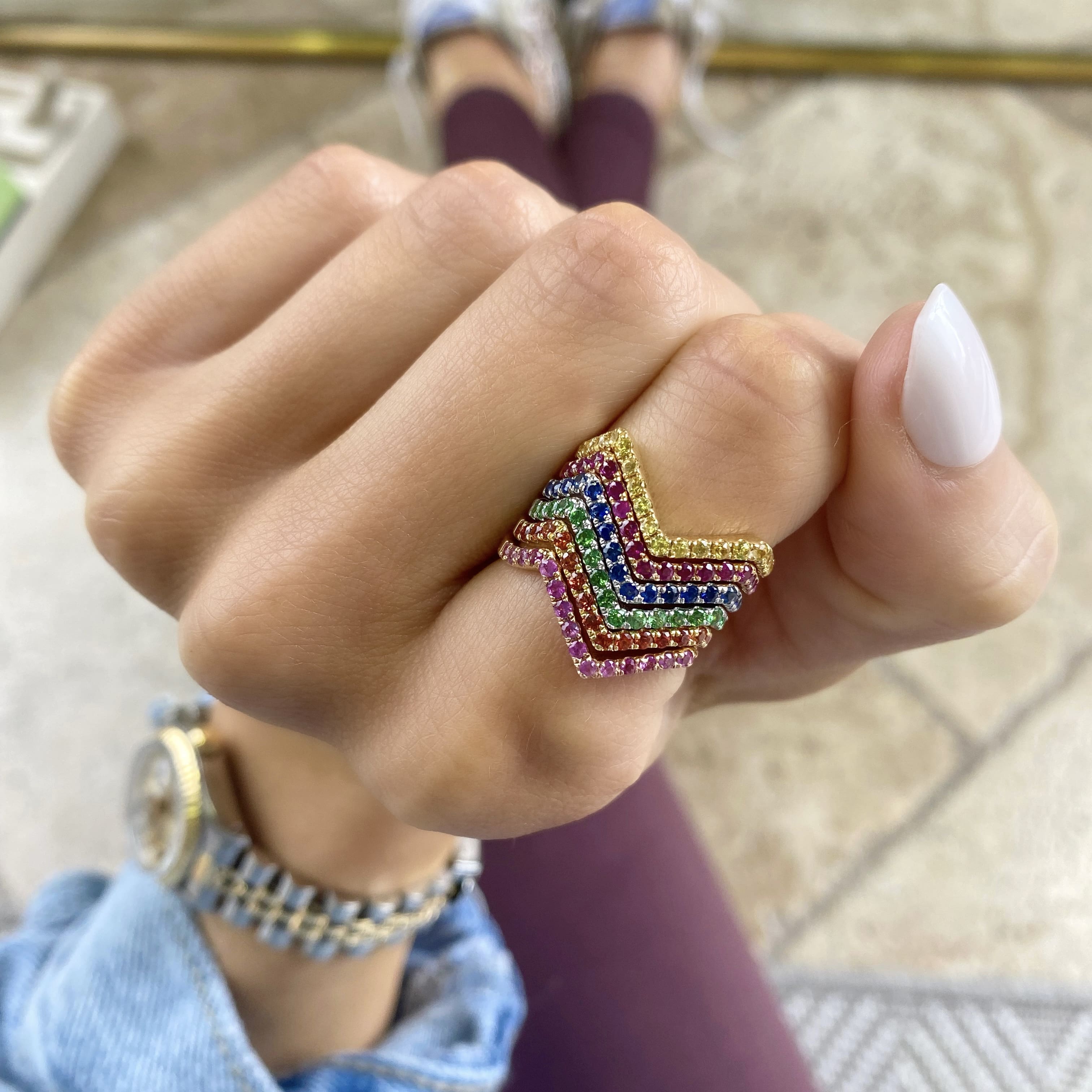 Wavy Rainbow Gemstone Stack Ring