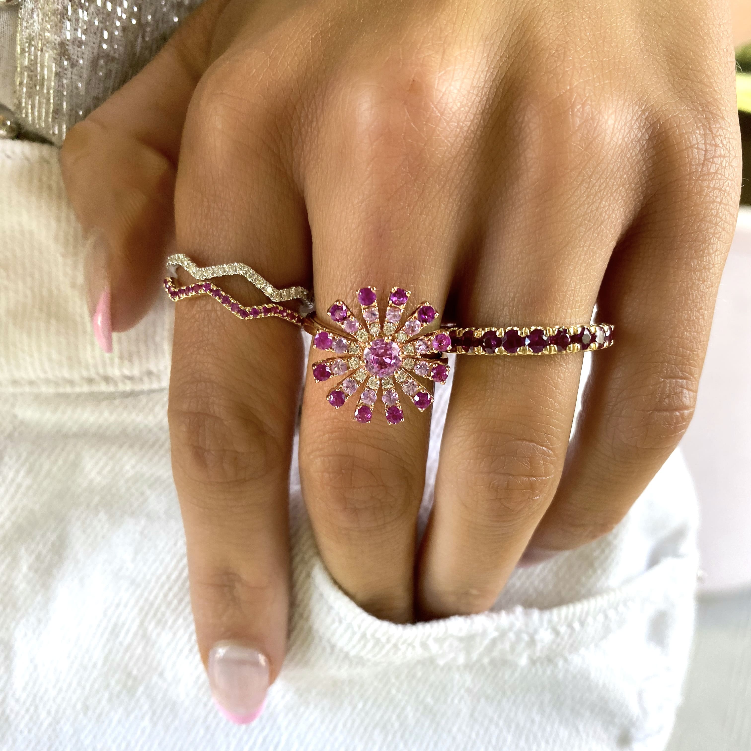 Pink Sapphire and Diamond Firework Ring